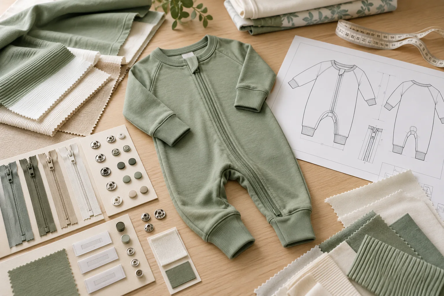 Babywear product development details including bamboo fabric, zipper choices, pattern and romper sample