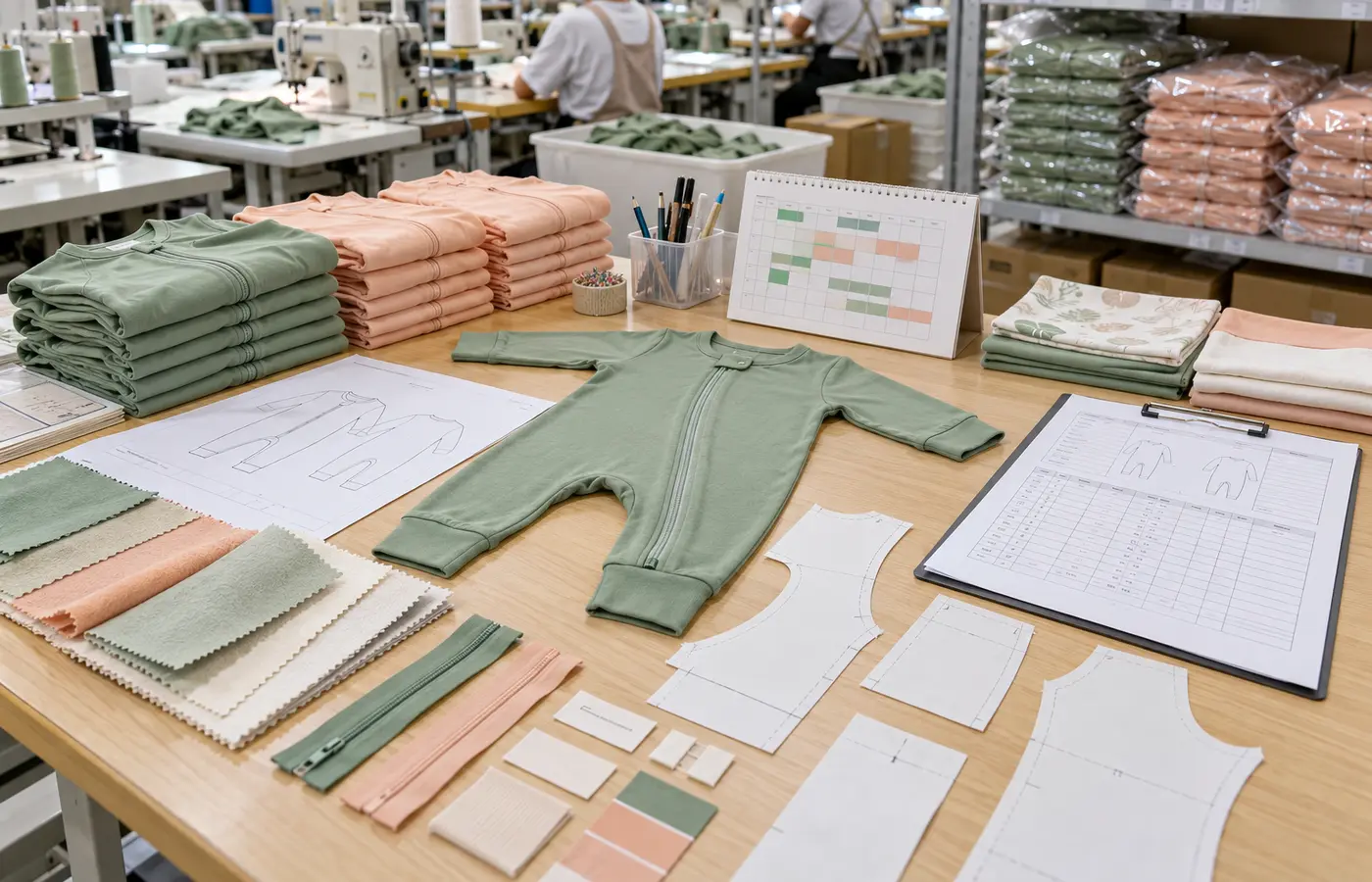 Babywear production planning table with bamboo romper sample, fabric swatches, patterns and measurement specification