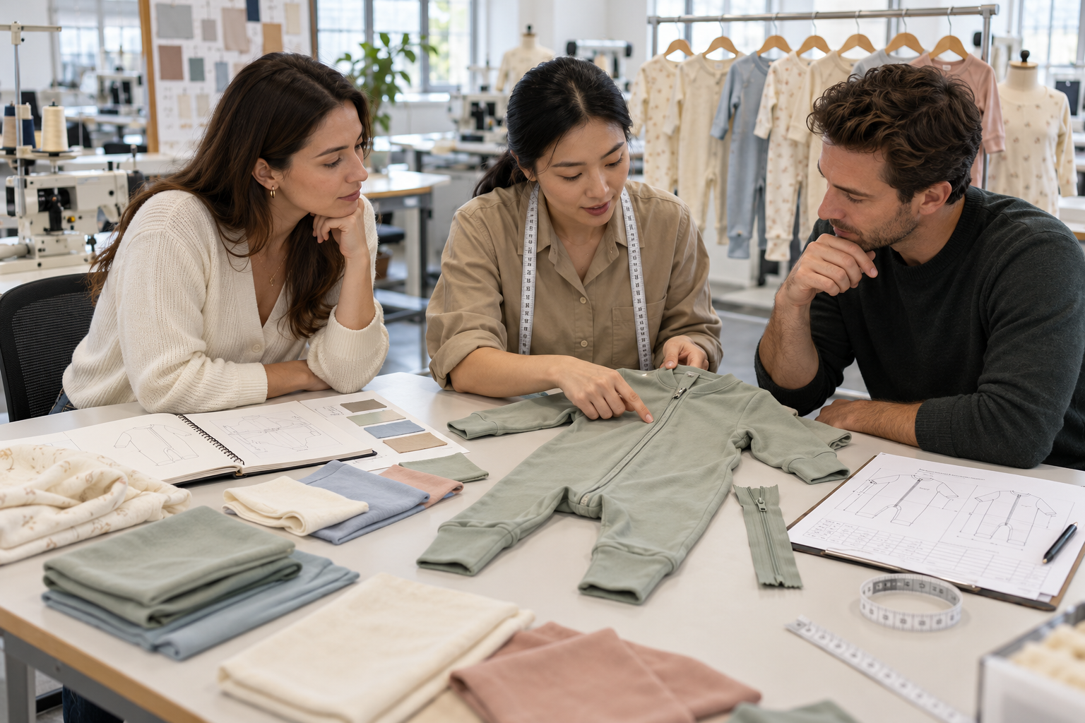 Startup founders reviewing a bamboo baby romper sample with a private label baby clothing product developer
