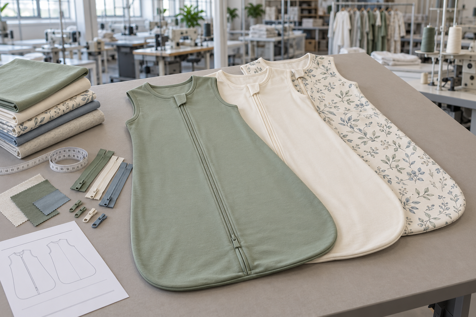 Custom bamboo baby sleep sacks with fabric swatches and zipper components in a factory sample room