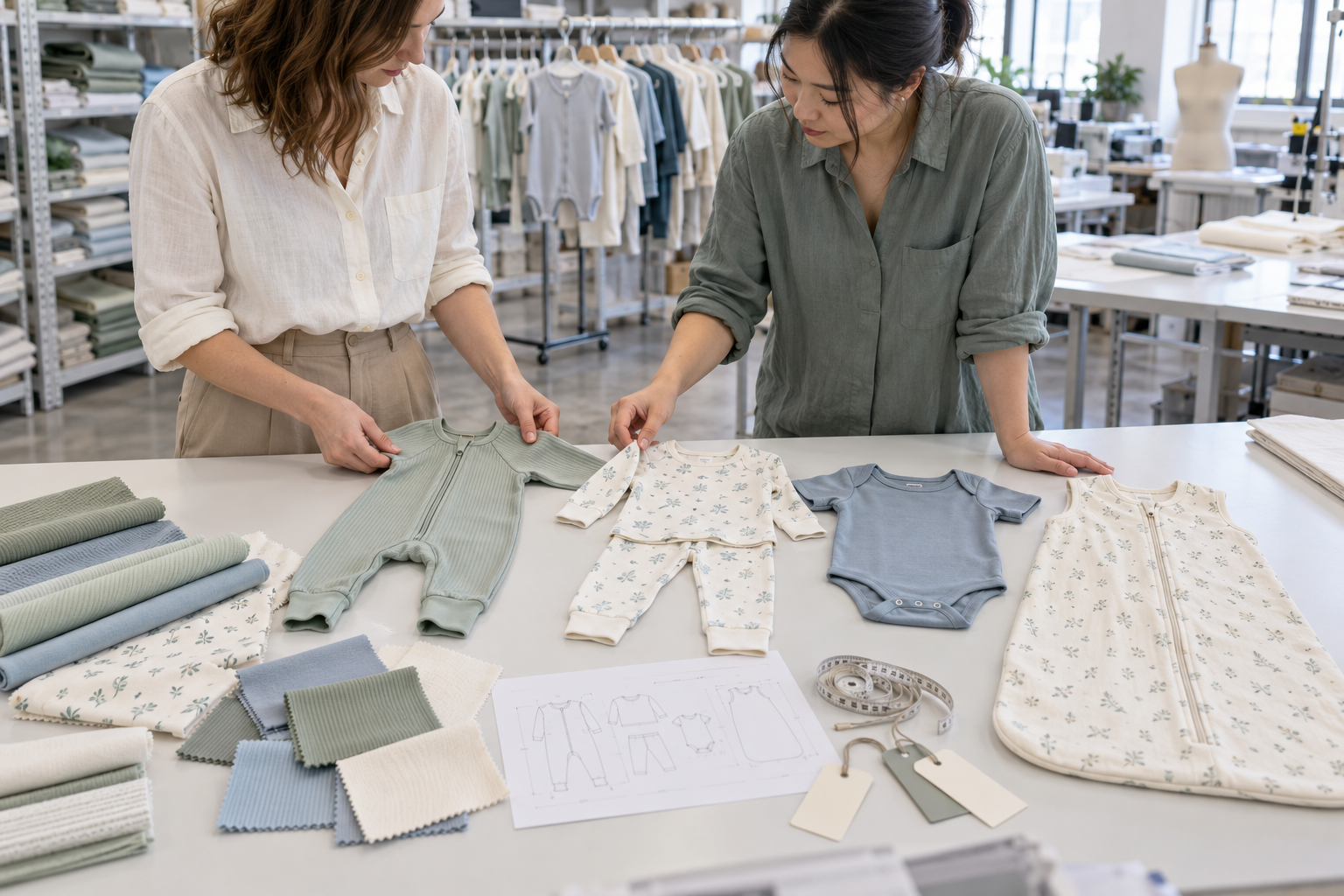 Private-label baby clothing manufacturer reviewing samples for a startup brand