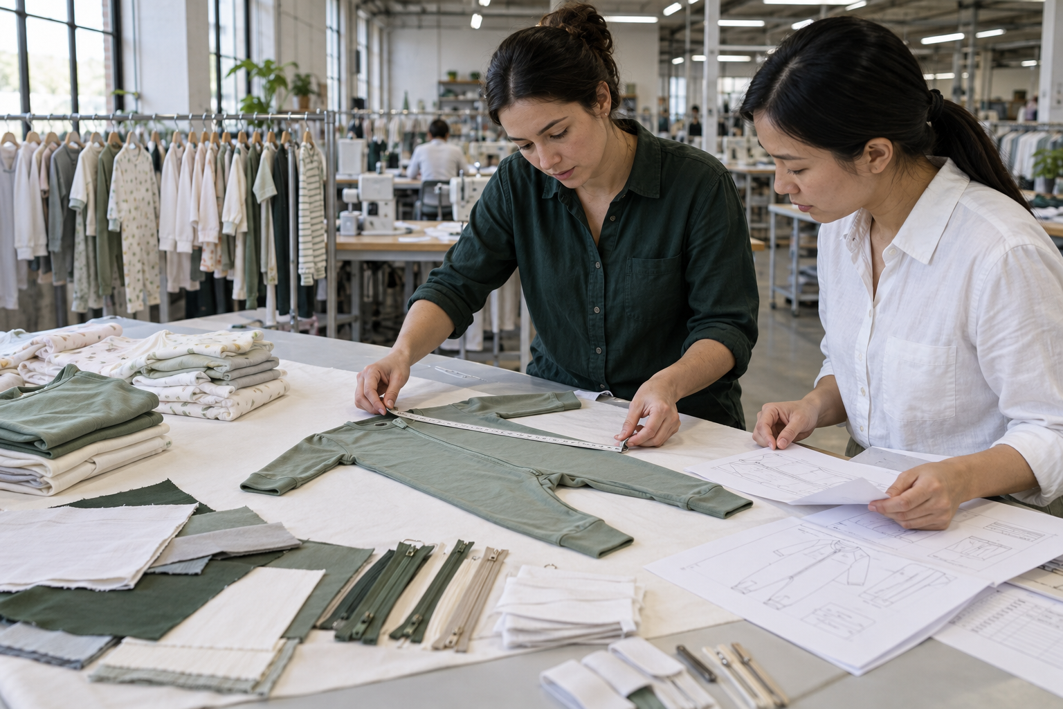 Babywear technicians checking a garment against measurements and specifications
